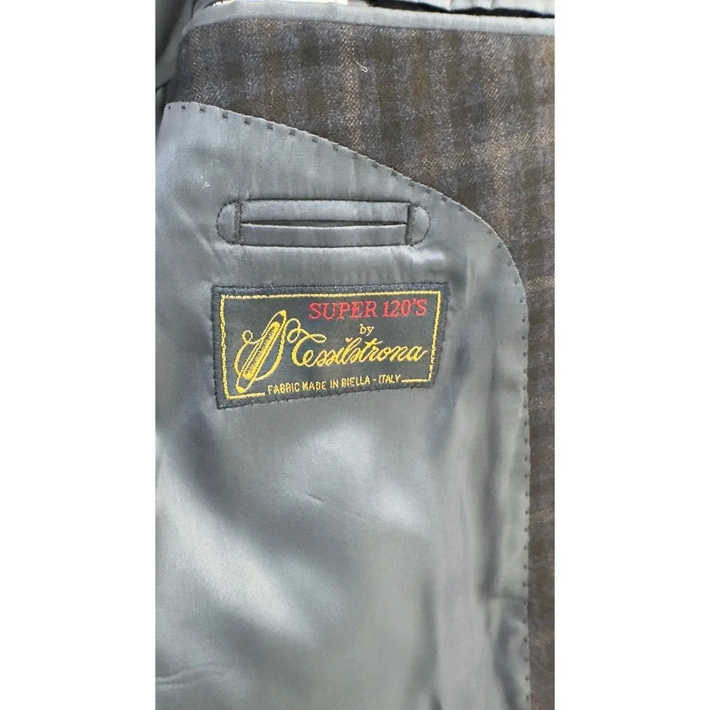 BARONI Men's Plaid Blazer Sport Coat Reda Blue Brown SUPER 150's Wool 46R